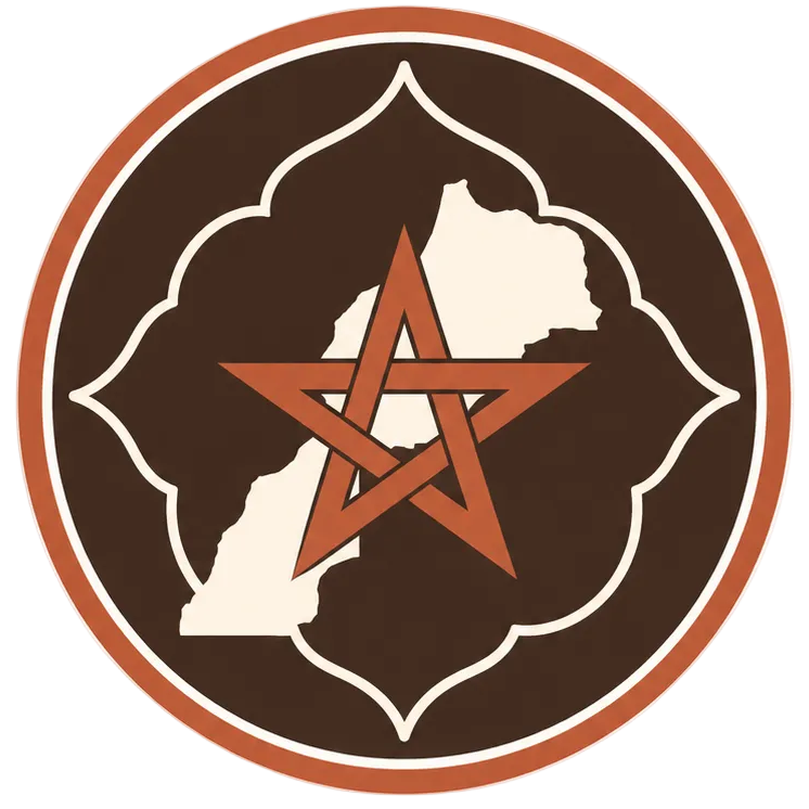 A circular graphic emblem featuring a brown and terracotta design with a white silhouette of Morocco overlaid on a brown medallion and a central orange star.