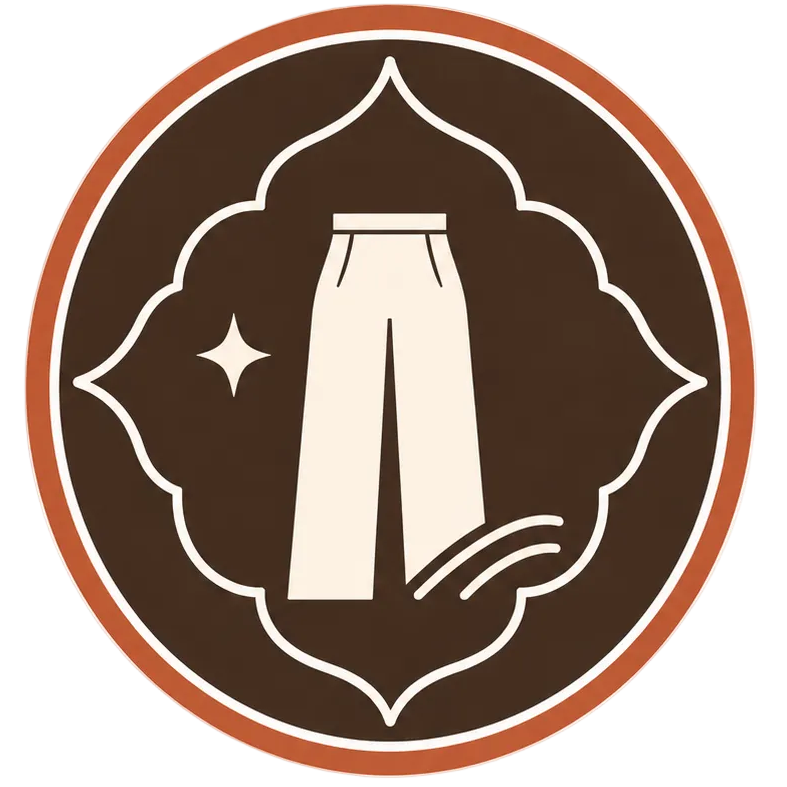 A circular brown and terracotta logo icon featuring a stylized pair of pants with a sparkle and wave detail, centered on a light cream background.